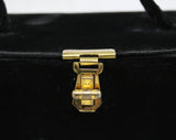 1930s Black Box Bag - Deco Velvet 30s Handbag - Brass Hardware - Mirror Inside - Oblong - Authentic 1930's Evening Purse - 47945