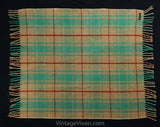 Antique Automobile Blanket - 1900s 1910s Wool Motor Robe - Authentic Edwardian Textile - Tan Jade Green & Red - Rectangular 36 x 41 Inches