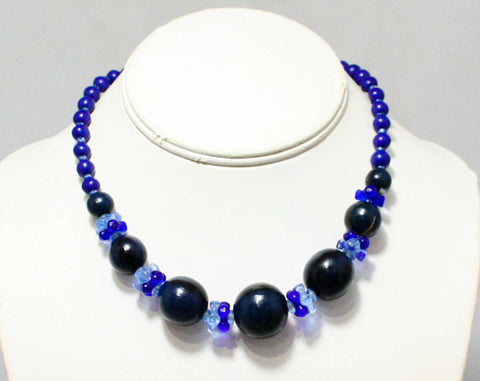Blue Beaded Necklace - Cobalt Glass - Painted Wood - Graduated Beads - Arts & Crafts Style - Dark Navy Blue Beaded Jewelry