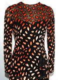 Size 2 Orange & Black Cut Velvet Evening Gown by Countess Alexander - Designer - Paisley Formal Dress - Long Sleeved - Bust 34 - 31637