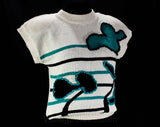 Medium 80s Teal Sweater - Short Sleeved Casual Pullover - Retro Nubby Yarn Flowers - Black & White Avant Garde 1980s Knit Top - Bust 37.5