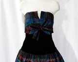 Size 4 Plaid Party Dress - 90s Strapless Velvet & Taffeta Cocktail with Bow - Designer Victor Costa - Black Red Cobalt Blue Green - Bust 33