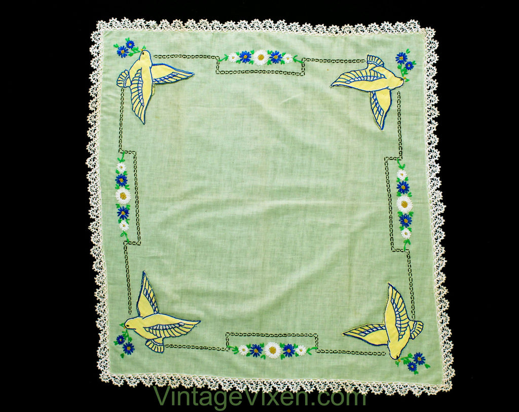 1940s Bluebirds Tablecloth - 40s 50s Blue Swallows & Daisy Embroidery - Mint Green Cotton Bridge Table Cloth - Birds are Usable Pockets