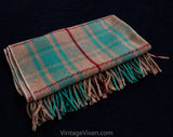 Antique Automobile Blanket - 1900s 1910s Wool Motor Robe - Authentic Edwardian Textile - Tan Jade Green & Red - Rectangular 36 x 41 Inches