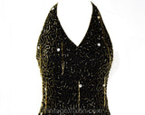 XXS 1990s Beaded Halter Dress - Black Silk Chiffon Size 0 Party Cocktail with Gold Beads & Fringe - Sexy Savage Jagged Hem - Bust 33.5