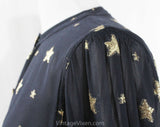 Size 6 Gold Star Blouse - Celestial 1980s Designer Small Long Sleeve Shirt - Gloria Sachs - Navy Blue Sheer Chiffon & Metallic - Bust 34