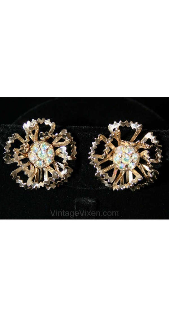 Metalwork Flower Earrings - Spring Goldtone 1950s Clip Earring - Bold Blooms - Classic Mid Century - Rhinestones - Mint Condition - 38441-1