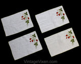 Strawberry Tablecloth & Place Mats Set of 4 - Natural Linen with Red Berries Sage Green Leaves Cross Stitch Style Embroidery - 1960s Summer
