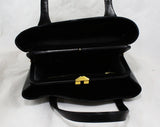 1950s Black Leather Bag - Very Fine Quality Patent Leather Purse - Pristine Mint Condition Unworn - 50s Handbag with Brass Disks - 2 Handles