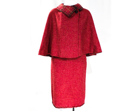 Size 6 Raspberry Wool Cape & Skirt Suit - 1950s 60s Tartan Plaid Reversible - Mid Century Secretary - Pink Red Gray Tweed - Waist 25.5