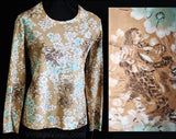 Size 10 1970s Taupe Jersey Shirt & Kerchief with Serenade Courtship Scene - Casual 70s Novelty Print Top - Deadstock - Bust 36 - 30799-4