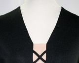 Size 12 Sexy Black Dress - Lady Godiva Inspired 1960s Dress with Nude Illusion Lace Up Bust - Long Sleeve with Criss Cross - Bust 38 - 41241