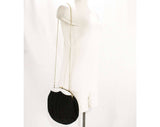 1950s Black Shoulder Bag - Round 50s Wool Handbag with Chainlink Strap - Pearlescent White Lucite Trim - Detachable Chain Strap - 48970