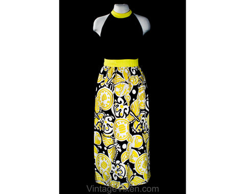 Size 4 Maxi Dress with Hot Pants - Sleeveless 60s 70s Yellow & Black Summer - Psychedelic Butterfly Print Satin - Faux Halter Neck - Bust 33
