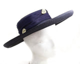 1950s Navy Wide Brim Hat - Chic Dark Blue Faux Straw with Tulle & Goldtone Leaves - Spring Summer Millinery 50s Cartwheel Picture Hat