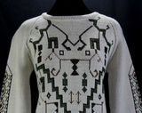 Size 10 1960s Sweater - Magic Carpet Motif 60s Knit Pullover - Floor Rug Style Patterns - Striped Sleeve - Ecru Olive Green Brown - Bust 38