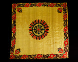 1960s Hand Painted Paisley Silk Scarf - Hippie 60s Medallion - Mustard Yellow - Red Orange - Brown - Emerald Green - Hand Rolled Hem - 49759