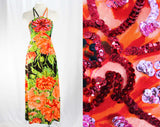 XS 1970s Sun Dress - Strappy Lolita Chic 70s Bright Floral - Orange Green Black - Tropical Resort Jersey & Sequins - Long Dress - Bust 31.5