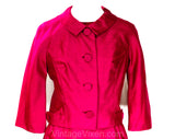 Size 10 Fuchsia Dress & Jacket - 1950s 60s Gorgeous Magenta Floral Satin and Pink Shantung Tailored Suit - Jackie O Style - Waist 28.5