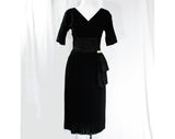 Size 6 Black 1950s Cocktail Dress - Small Marilyn Style 50s Fitted Crepe Bombshell with Pleated Taffeta Torso & Rhinestone Swag - Waist 26