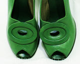 Size 6 1940s Green Shoes - Art Deco Style Open Toe Leather Pumps - 30s 40s Jungle Snake Hue Heels with Ovals - WWII Era 40's NOS Deadstock
