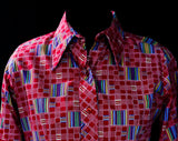 Size 6 70s Shirt - Red Patchwork Print 1970s Cotton Inspired by Kente Cloth - Small Long Sleeve Casual Top - San Francisco Hippie - Bust 36