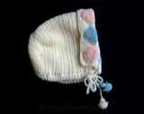40s Baby Bonnet - Sweet 1940s Pink & Blue Hand Knit Bonnet - Size 3 to 12 Months - Infants Cream Wool Knitted Hat - Mint Condition - 29875-1