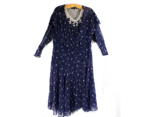 As Is Size 12 1920s 30s Novelty Print Dress - Blue & White Deco Artists Palettes - Chain Stitched Flowers - Fragile Torn - Bust 38 - 50832