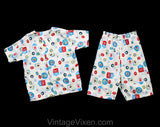 Boy's Size 6 Race Car Pajama Set - 1960s Novelty Print Child's PJ Night Shirt & Pant - Vintage Automobiles 60s Summer Lounge Wear - Chest 28