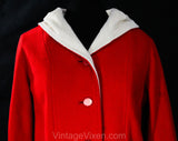 Large 1960s Red Coat with Hood - Size 12 to 14 Winter Wool Hooded Overcoat - Red Buttons & Waist Pockets - Contrast Cream Lining - Bust 40.5