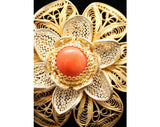 Airy 10KT Gold & Silver Filigree Pin with Carnelian Detail - Made In Italy - 50s Brooch - Spring - Orange - Italian - Deadstock - 40130-1