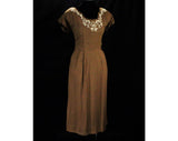 Size 6 Bombshell Dress & Coat - Small 1950s Linen Look Rayon Ensemble - 50s Lucy Style Mocha Brown with Studs and Soutache - Waist 26