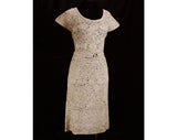 Size 6 Ribbon Dress - 1950s Beige Stitched Soutache Cocktail - Neutral Taupe Ribbonwork Small 50s Dress - Original Belt - Pristine - Bust 34