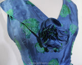 Size 4 Sun Dress - Blue & Green Silk 50s Summer Frock - 1950s Girl Next Door - Hydrangea Floral Polka Dot Scarf Silk with Corsage - Bust 33