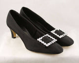 Size 8.5 Black Shoes - Chic 1960s Audrey Style Cocktail Pumps with Diamante Silver Buckles - Unworn 8 1/2 M Shoe - 60s Evening NOS Deadstock
