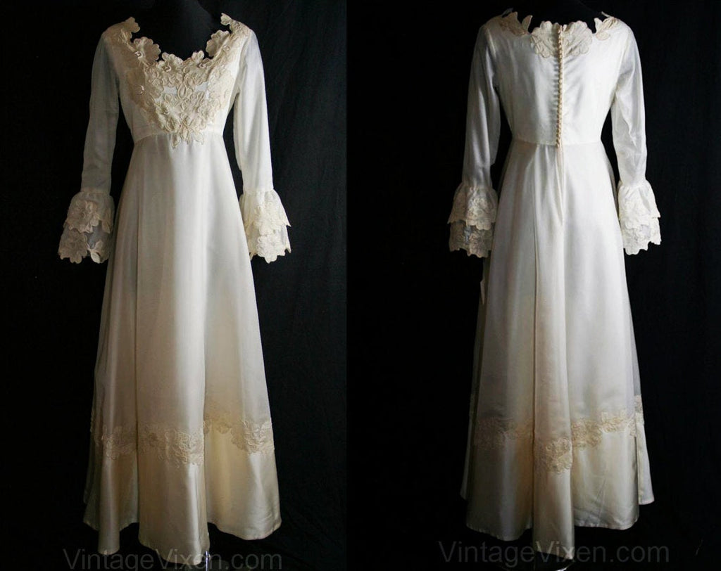 Size 8 Wedding Dress - Haute Hippie 1960s Empire Bridal Gown with Belled Long Sleeves - 60s NOS Deadstock - Bust 35 - Waist 28 - 34124-1
