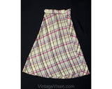 Size 2 1970s Plaid Skirt - XS 70s Magenta Purple Teal Blue Brown & White A Line Casual Wrap - Fall Autumn Knee Length School Girl - Waist 24