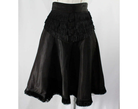 Size 2 1940s Cigarette Girl Style Black Skirt - Flared Taffeta with Fringe - Small 40s 50s Pin Up Skirt - Post WWII Burlesque - Waist 24