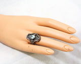 Size 5 Sterling Ring - Large Victorian Edwardian Revival Style - 1960s 70s Ornate Ring with Aqua Blue Stone & Marcasite 1900s Filigree Look
