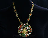 Swoboda Pendant Necklace - Asian Buddha Crane - Jade & Carnelian - Carved Flowers - Ornate 1970s Designer Jewelry - Statement Piece - 42642