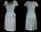 Size 6 Lace Cocktail Dress - 1950s Powder Blue Fitted Special Occasion Dress with Sheer Beaded Bodice - Short Sleeve - Swag Bow - Waist 26.5