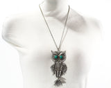 Feathered Friend Owl Pendant Necklace - 1970s Large Animal Novelty - Big Green Eyes - Flexible Moving Parts - 70s Pewter Gray Bird - 50646