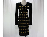 XXS Black Button Dress by Patrick Kelly - Sexy 1980s Haute Designer Knit Sheath with Brass Buttons - Size 000 - Body Con 80s Long Sleeved