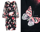 XL 1980s Butterfly Dress - Long Sheer Sleeves - Black Lilac Pink Butterflies Novelty Print - 80s Synthetic Knit - Size 22 - Bust 50 - 49319