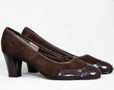 Size 7 Retro Style Shoes - 1930s 40s Inspired Chocolate Brown Suede 1970s Shoes - Unworn Deadstock - 7M Spectator Pumps - Faux Reptile Trim