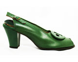 Size 6 1940s Green Shoes - Art Deco Style Open Toe Leather Pumps - 30s 40s Jungle Snake Hue Heels with Ovals - WWII Era 40's NOS Deadstock