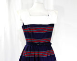 Size 6 1950s Sailor Dress - Navy Blue & Red Striped Cotton - Nautical 50s Sleeveless Fit Flare Summer Sun Frock - Betty Barclay - Waist 26