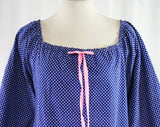Size XXL 60s Flannel Nightie - Long Sleeve Nightgown - Blue Polka Dot - Pink Floral Border Print - Mint Condition - Size 26 - Bust 55
