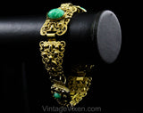 1950s Baroque Style Bracelet - Ornate Victorian Inspired Gold Hue Filigree - Marbled Green Oval Cabochons - 50s 60s Antique Look Panels