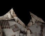Size 12 Patchwork Print Shirt - 1970s Houndstooth Rayon Long Sleeve Blouse - Brown & Beige Novelty Print Top - NWT Deadstock - Bust 39.5